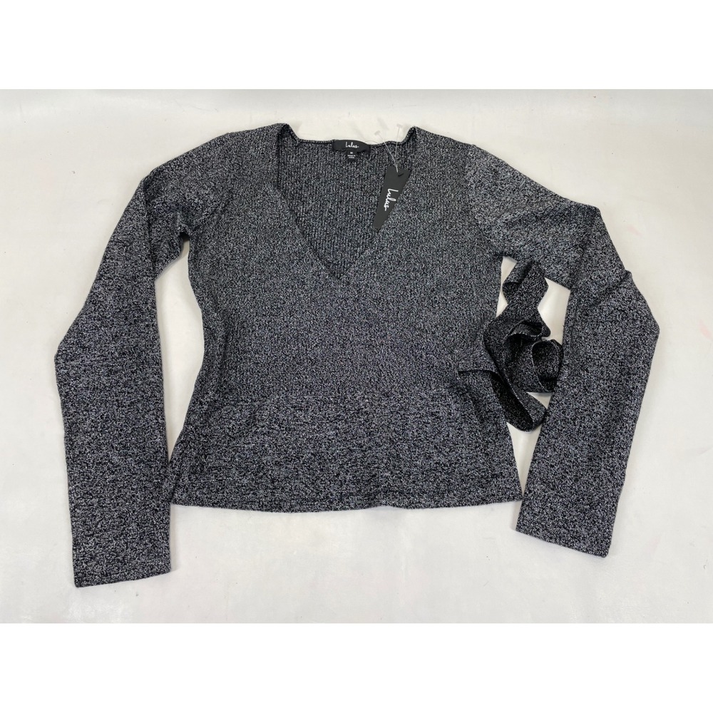 Lulus Black Silver Metallic Knit Wrap Top Long Sleeve V-Neck Shimmer Size M NWT